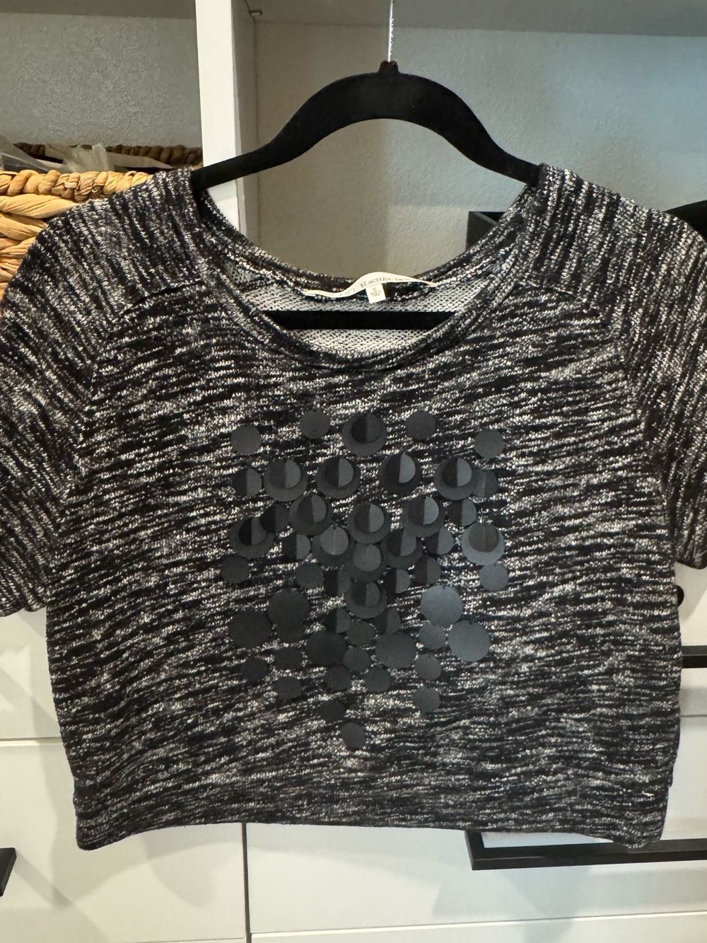 Rachel Roy Black & White Marled Short-Sleeve Crop Top with Applique Discs